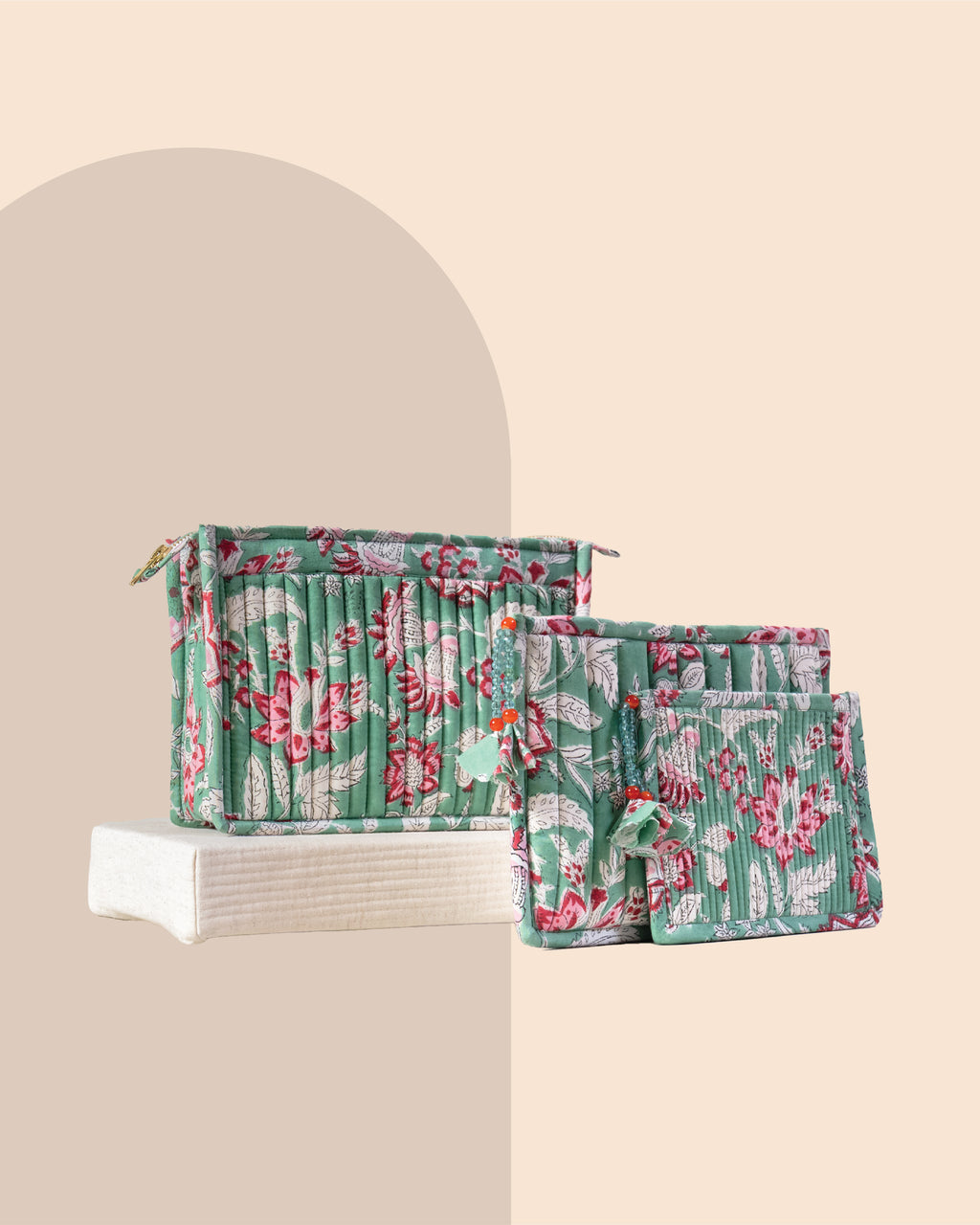 Mint Blossom - Handblock Printed Quilted Pouch Trio