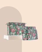 Mint Blossom - Handblock Printed Quilted Pouch Trio