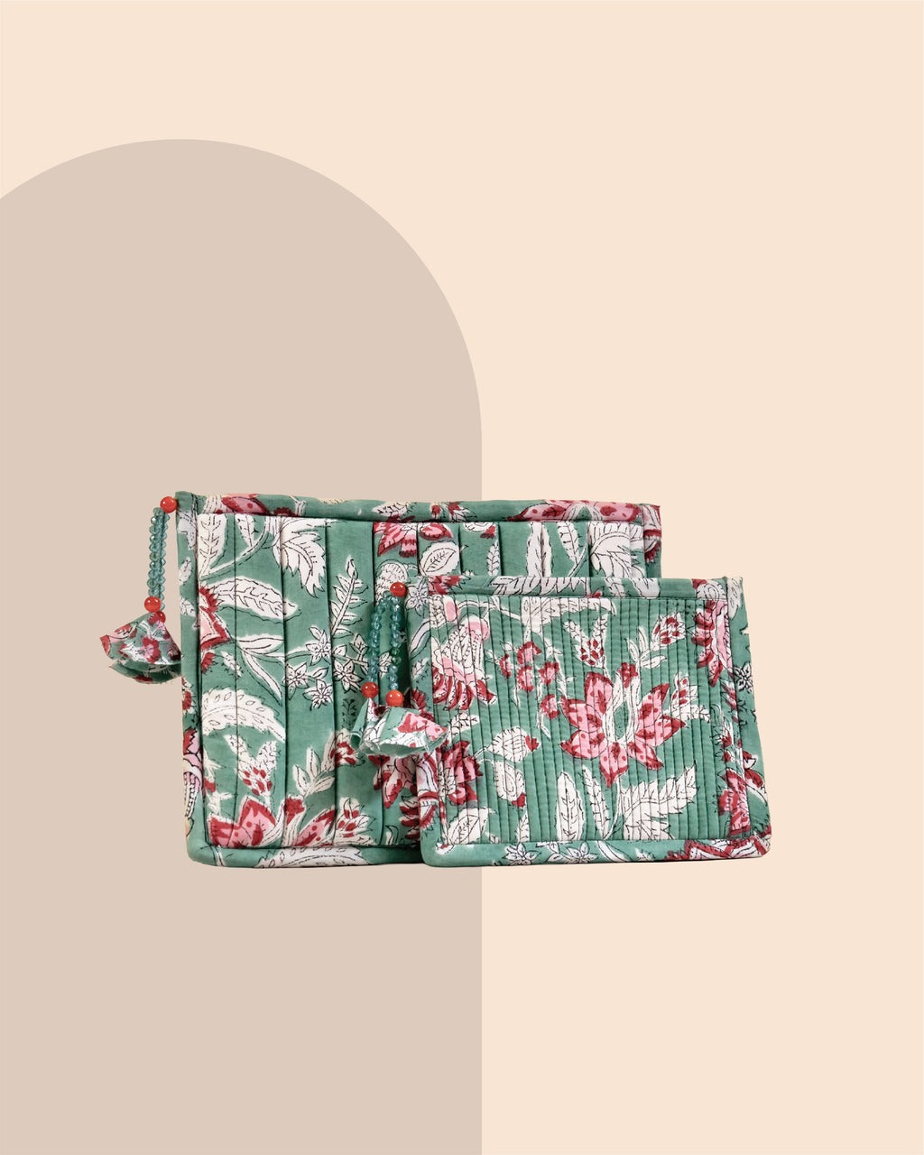 Mint Blossom - Handblock Printed Quilted Pouch Trio