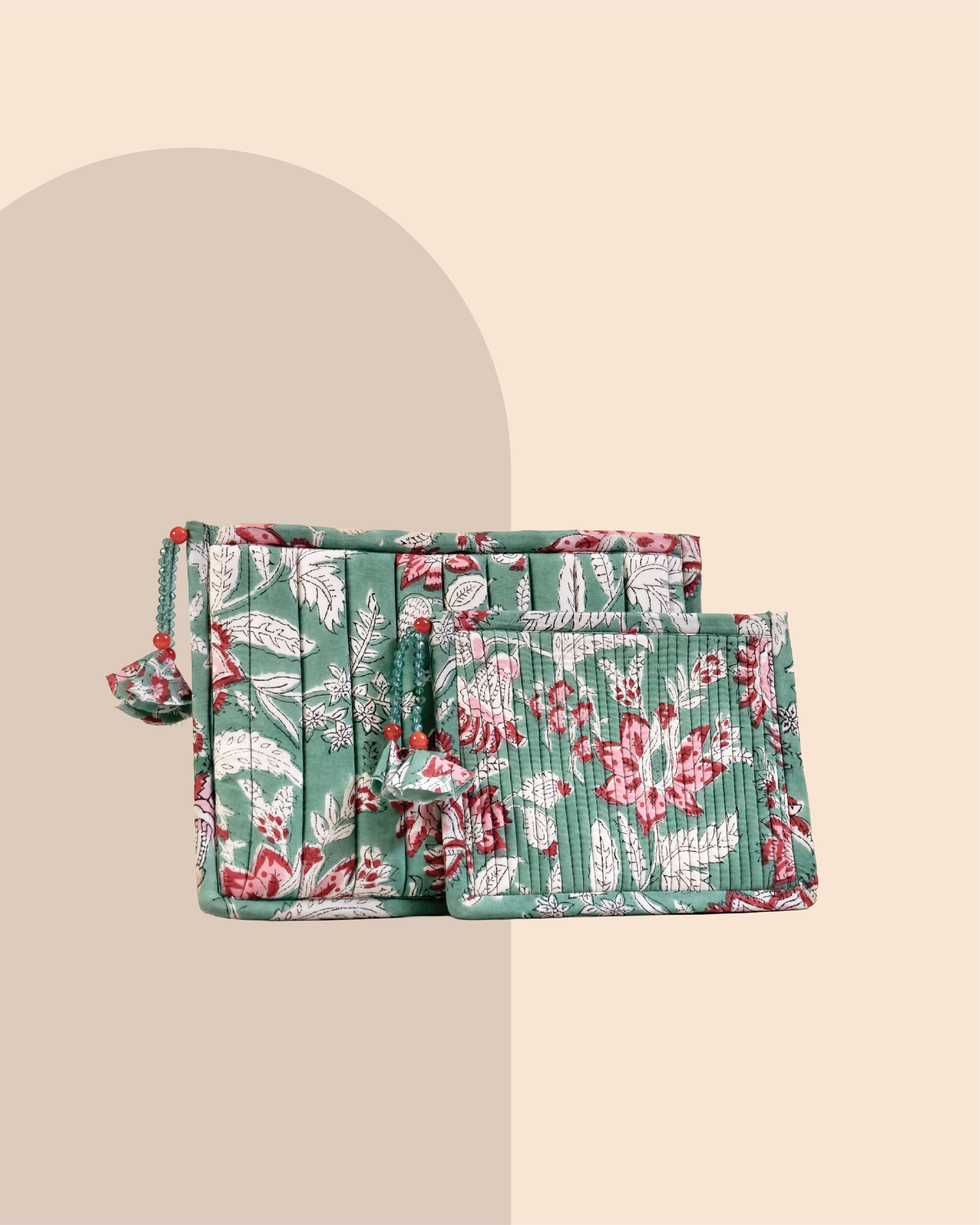 Mint Blossom - Handblock Printed Quilted Pouch Trio