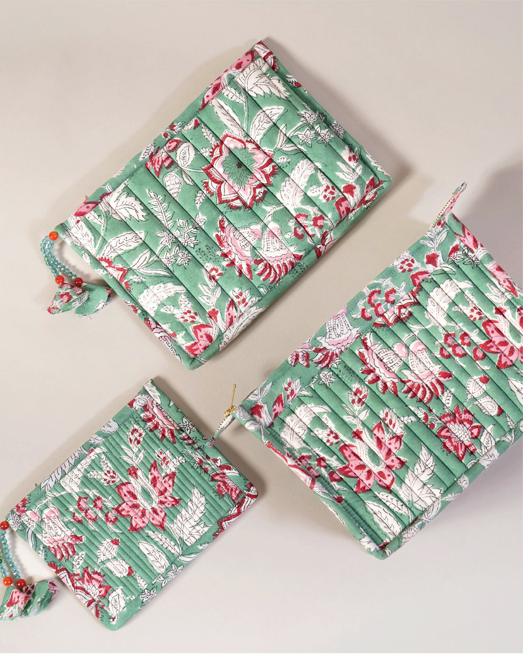 Mint Blossom - Handblock Printed Quilted Pouch Trio