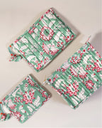 Mint Blossom - Handblock Printed Quilted Pouch Trio