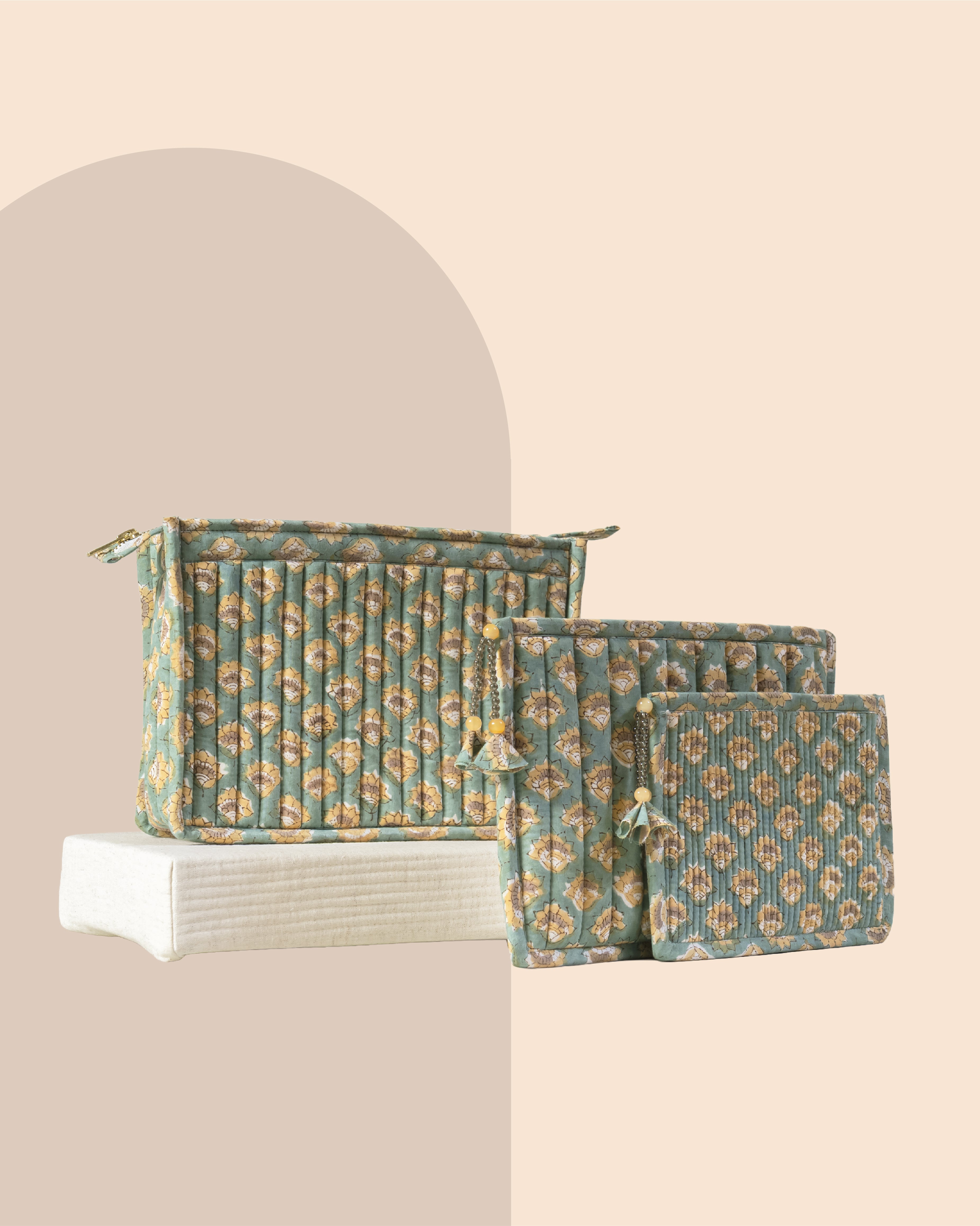 Mint Meadows - Handblock Printed Quilted Pouch Trio