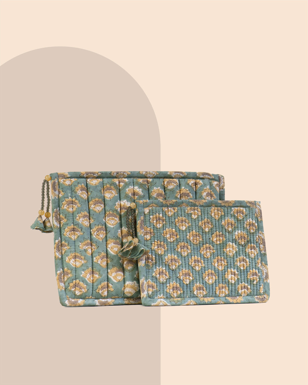 Mint Meadows - Handblock Printed Quilted Pouch Trio
