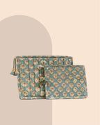 Mint Meadows - Handblock Printed Quilted Pouch Trio