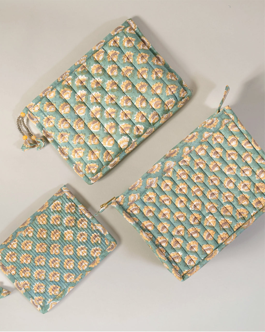 Mint Meadows - Handblock Printed Quilted Pouch Trio