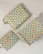 Mint Meadows - Handblock Printed Quilted Pouch Trio