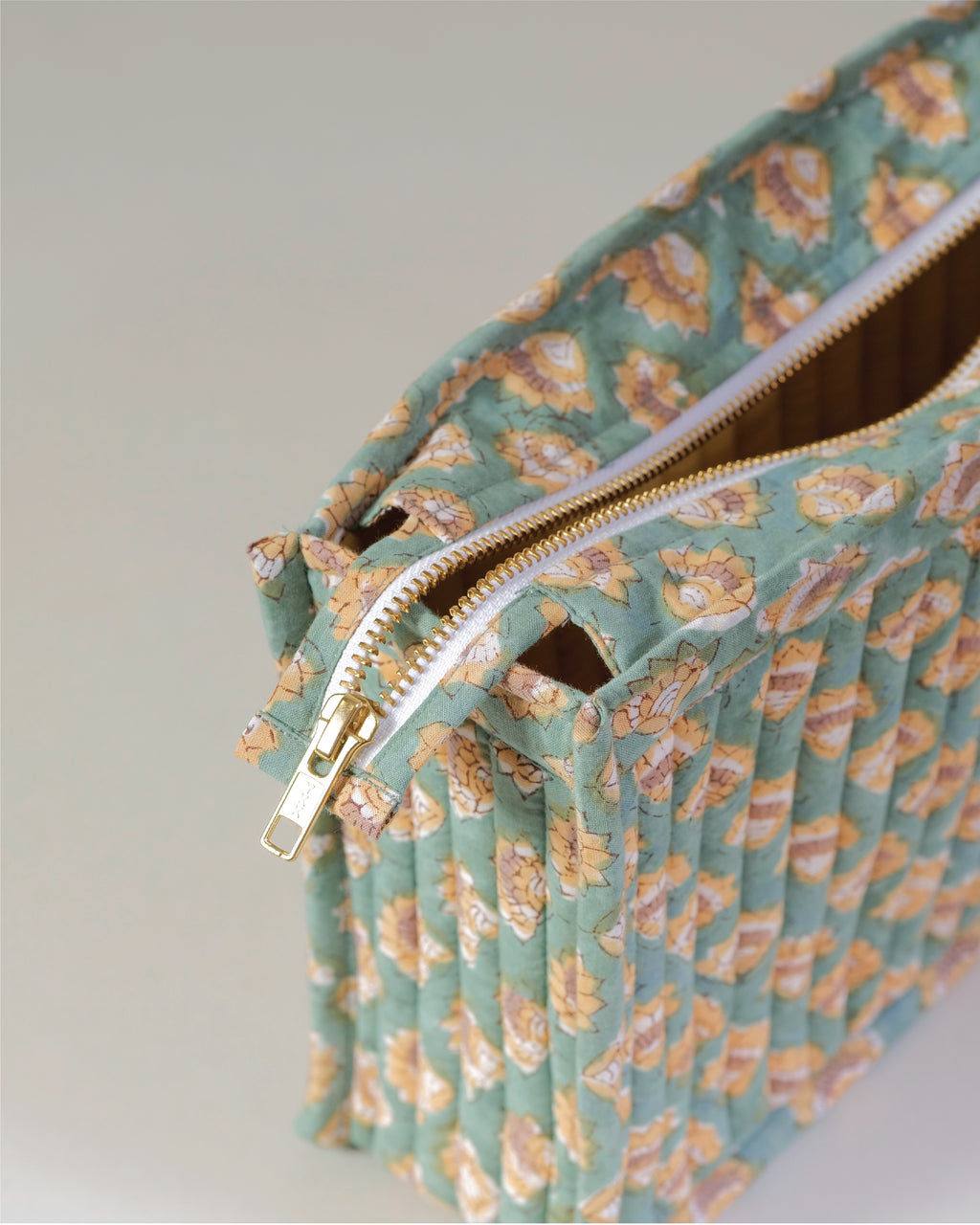 Mint Meadows - Handblock Printed Quilted Pouch Trio