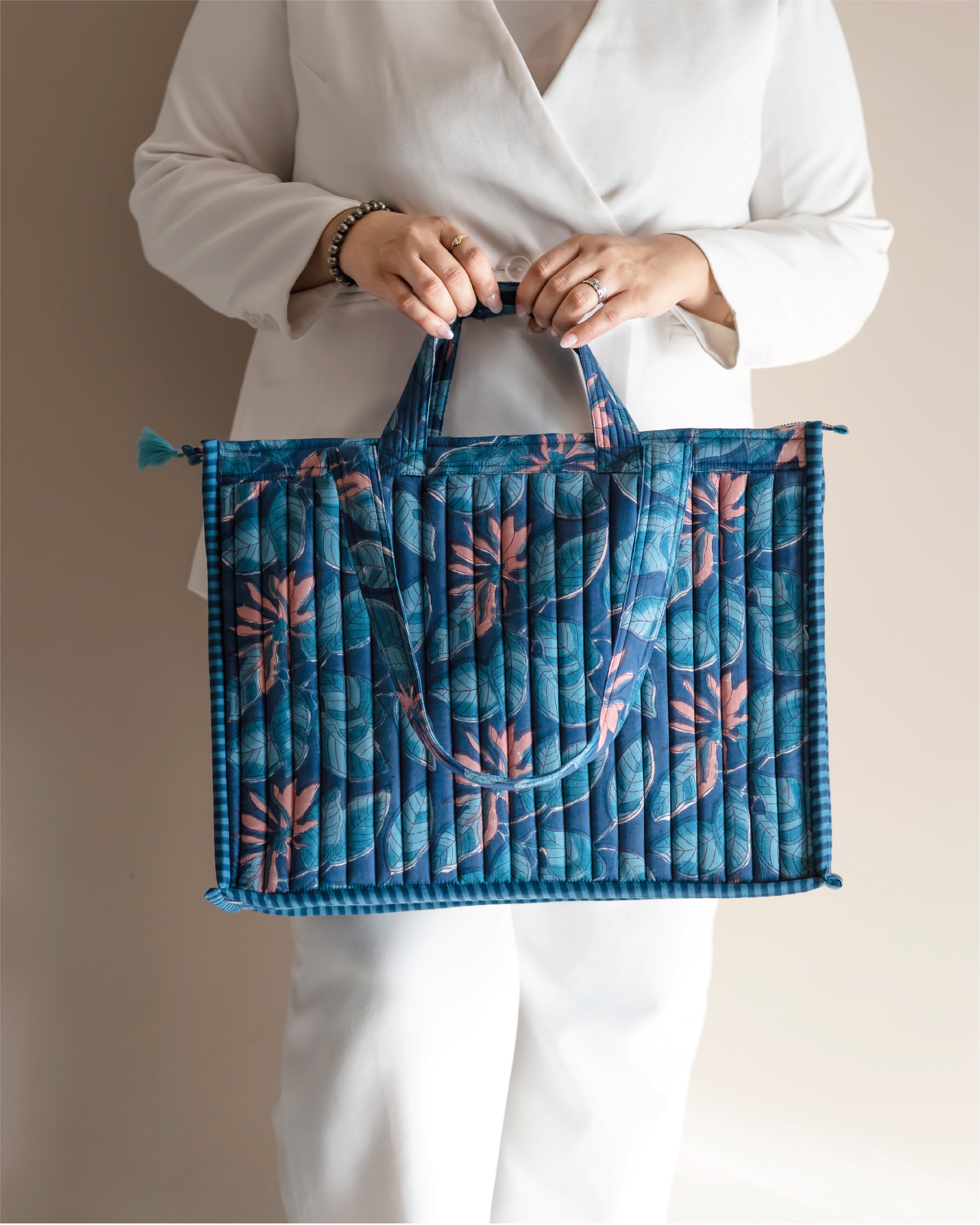 Moonlit Jungle- Handblock Printed Quilted Tote Bag