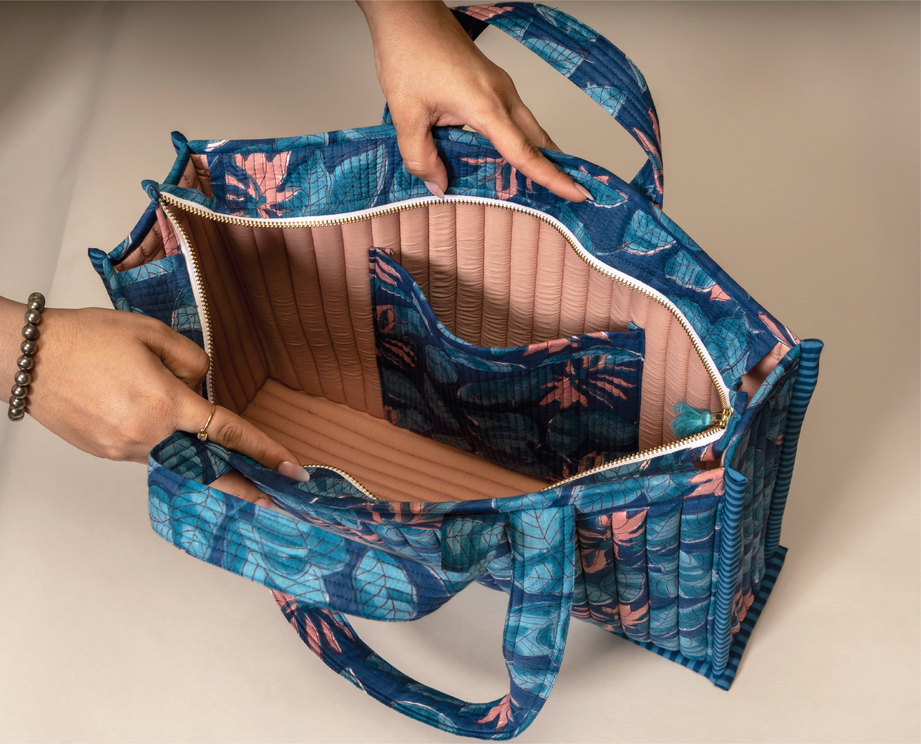 Moonlit Jungle- Handblock Printed Quilted Tote Bag