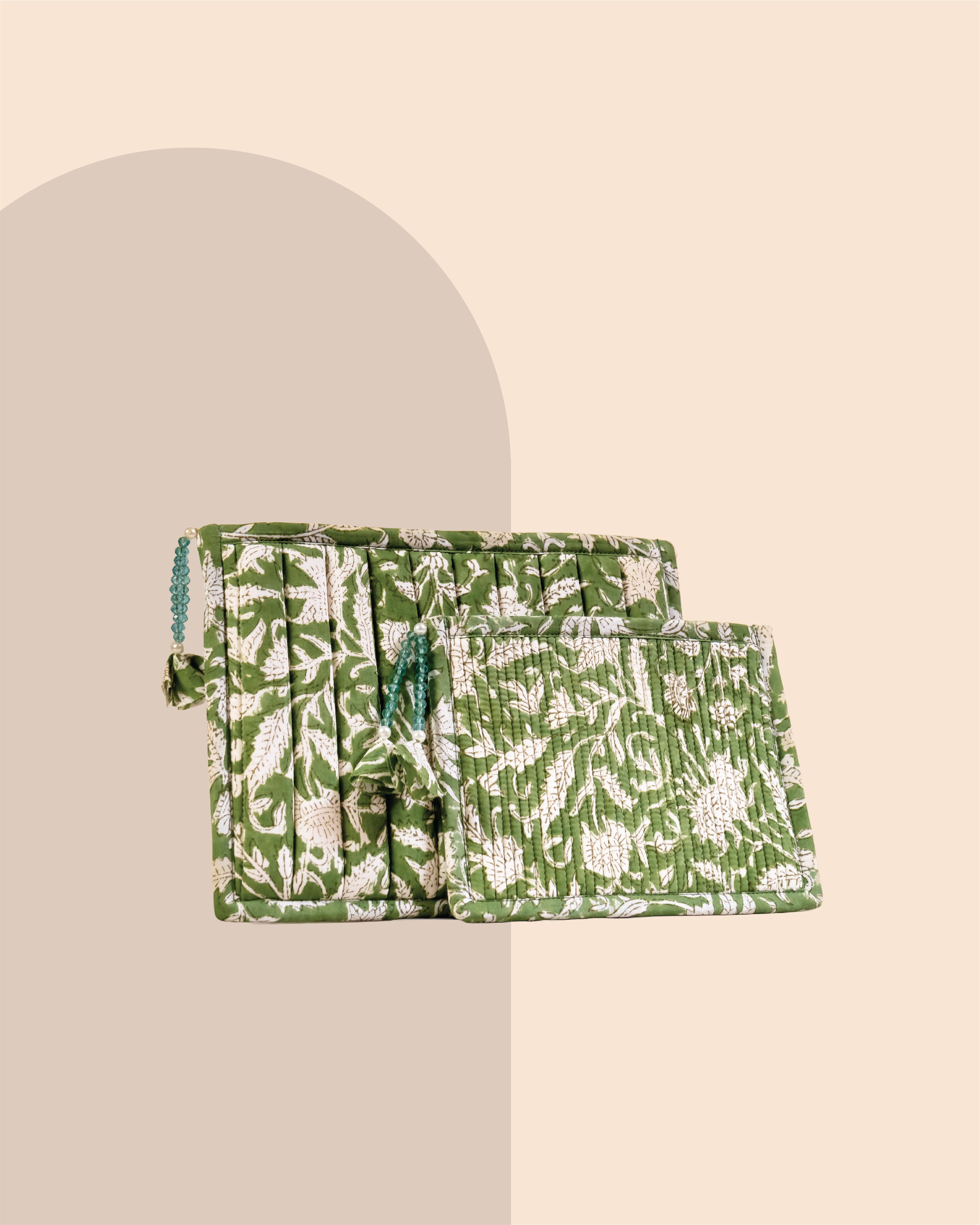 Olive Grove - Handblock Printed Quilted Pouch Trio