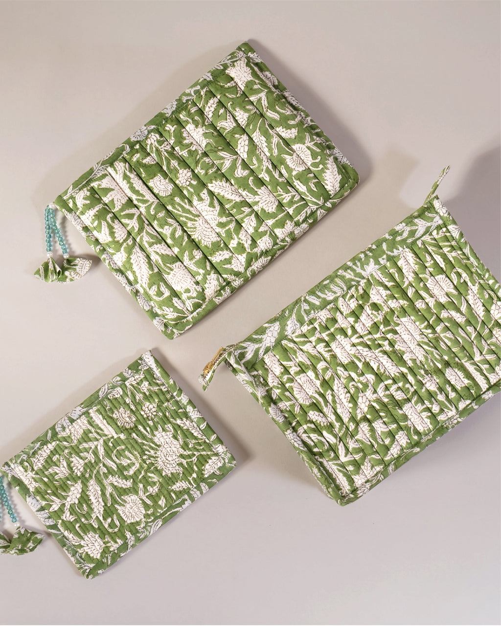 Olive Grove - Handblock Printed Quilted Pouch Trio