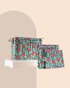 Pink Lagoon - Handblock Printed Quilted Pouch Trio