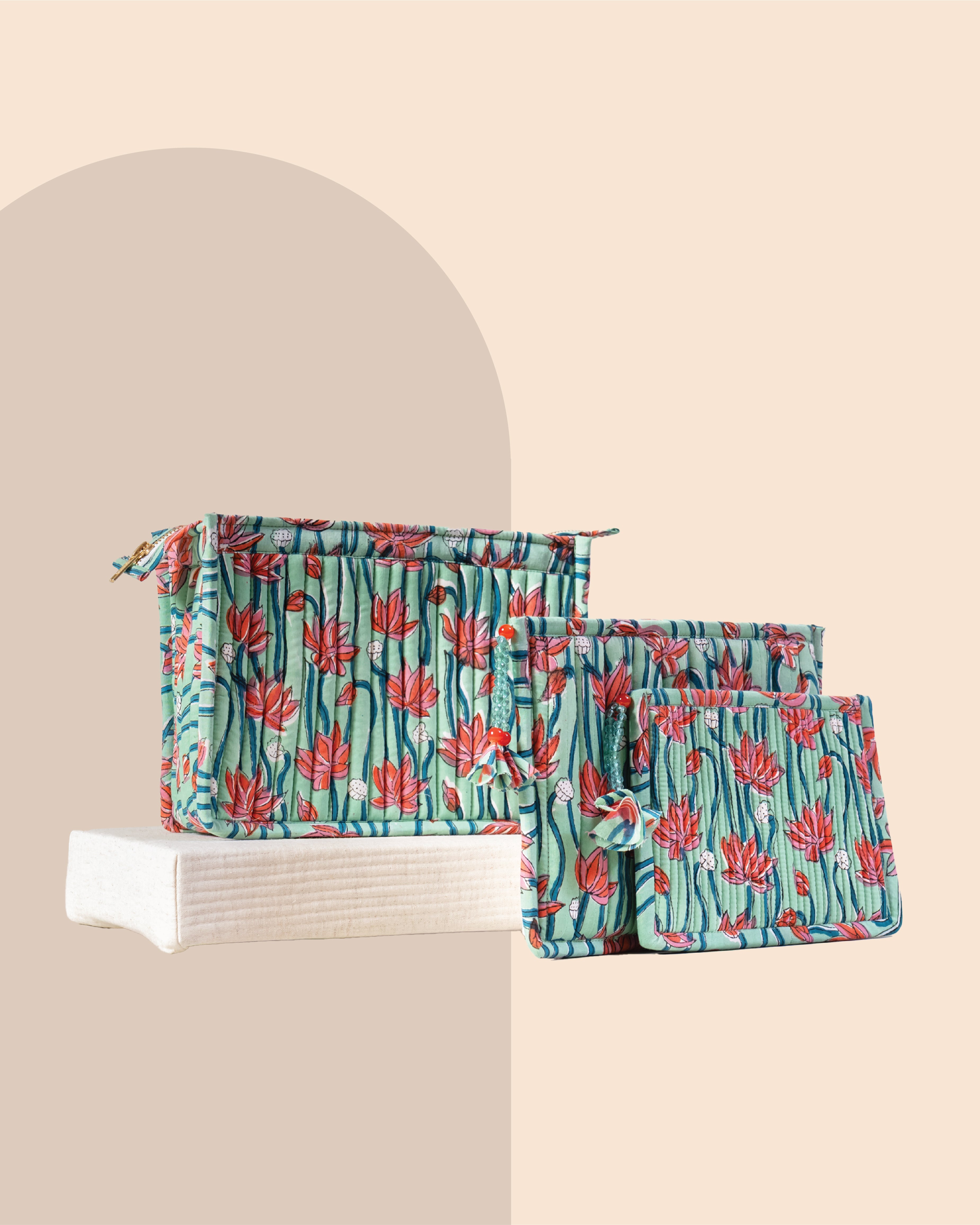 Pink Lagoon - Handblock Printed Quilted Pouch Trio