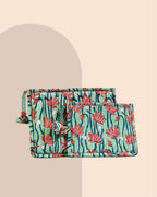 Pink Lagoon - Handblock Printed Quilted Pouch Trio