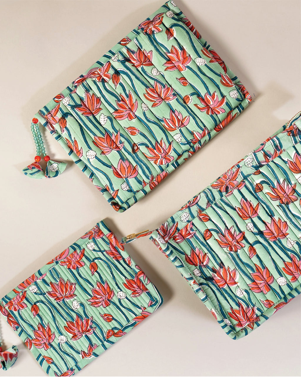 Pink Lagoon - Handblock Printed Quilted Pouch Trio
