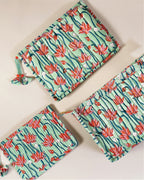 Pink Lagoon - Handblock Printed Quilted Pouch Trio