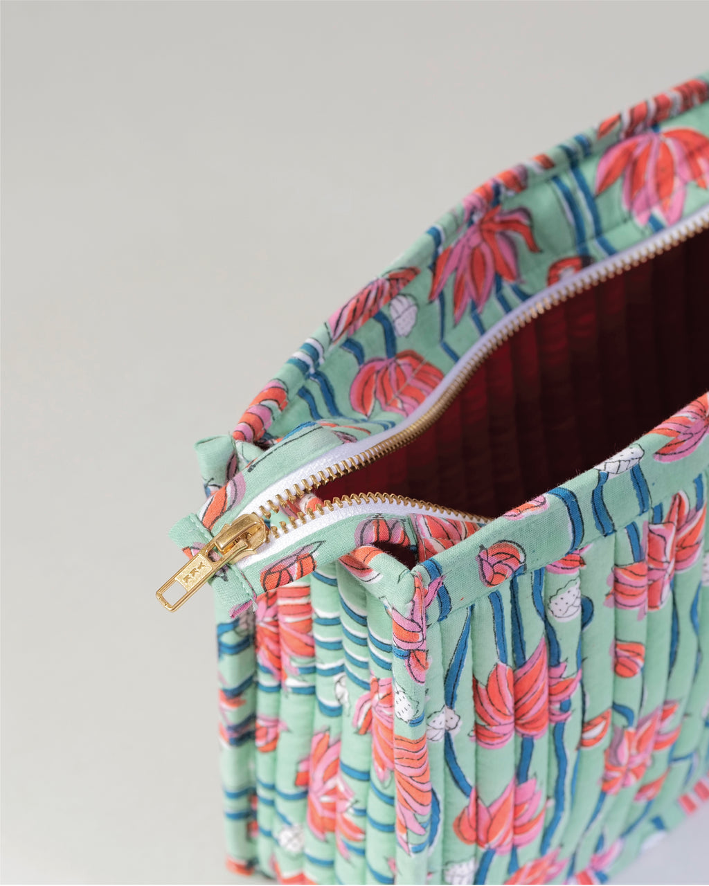 Pink Lagoon - Handblock Printed Quilted Pouch Trio