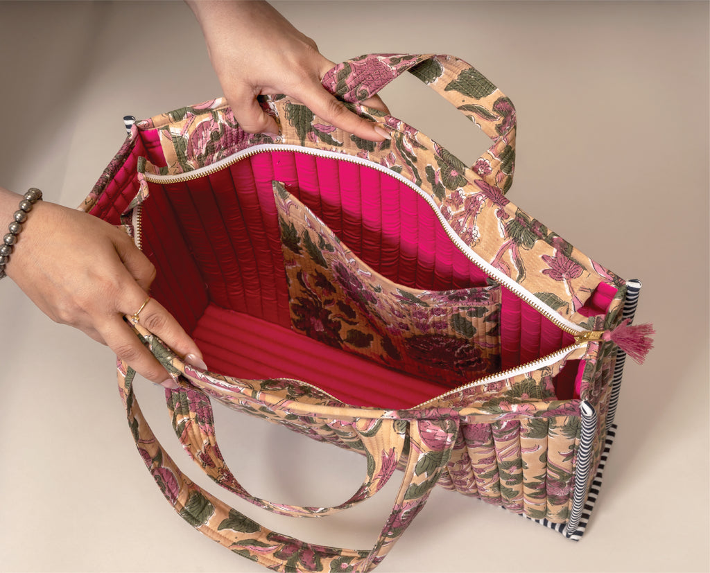 Plum Fiction - Handblock Printed Quilted Tote Bag