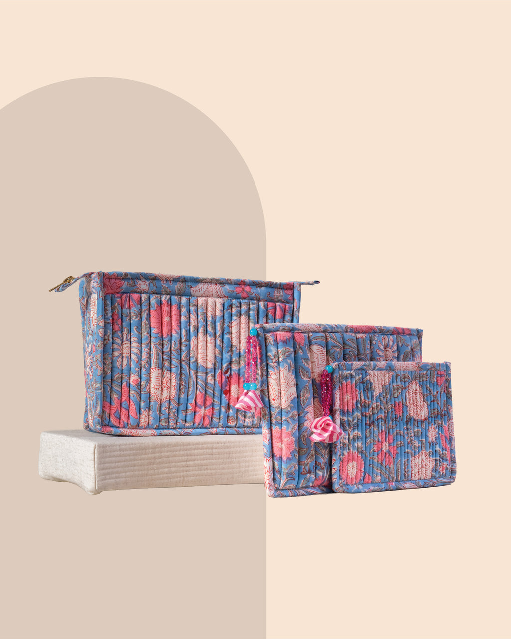 Powder Blue - Handblock Printed Quilted Pouch Trio