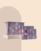 Powder Blue - Handblock Printed Quilted Pouch Trio