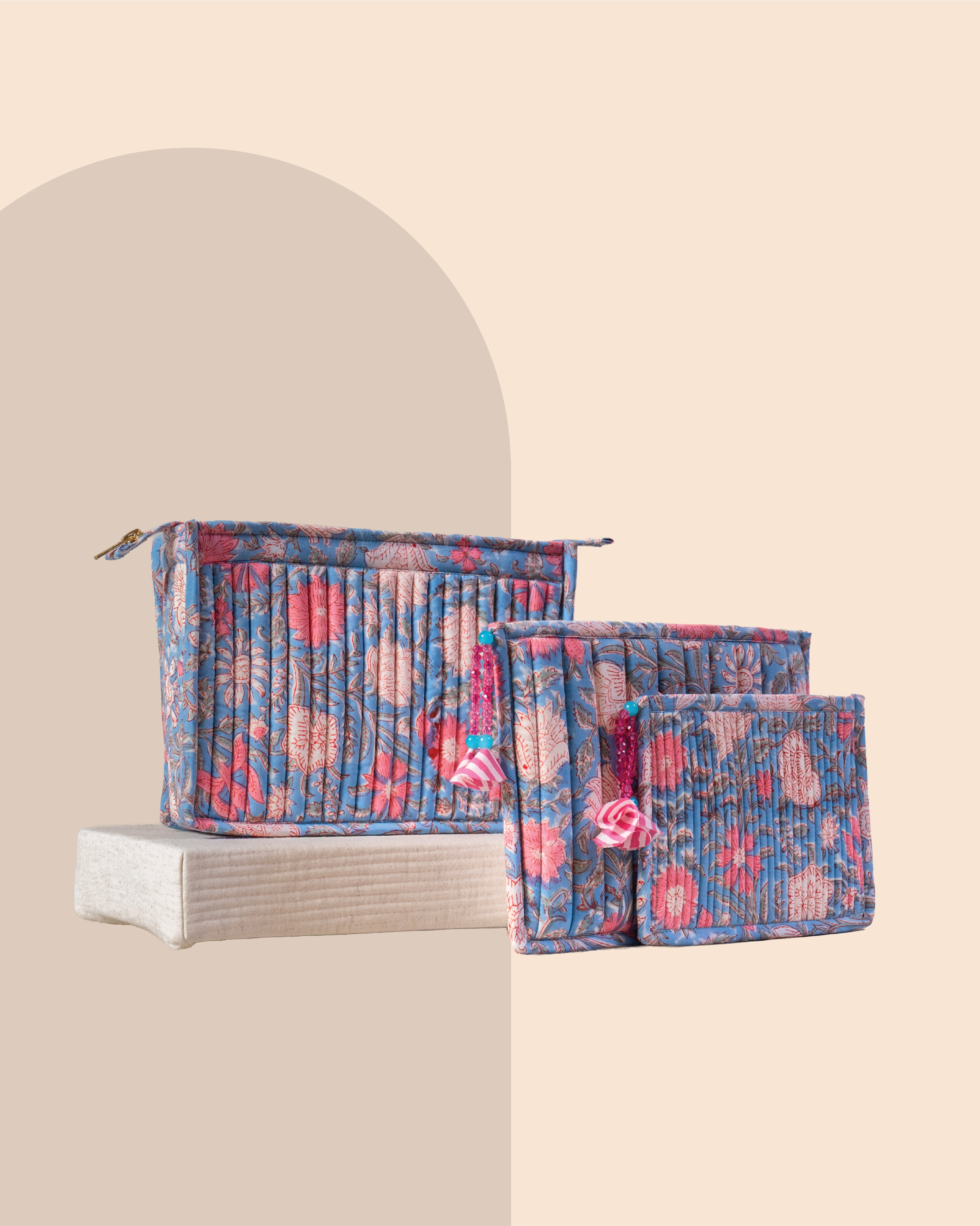 Powder Blue - Handblock Printed Quilted Pouch Trio