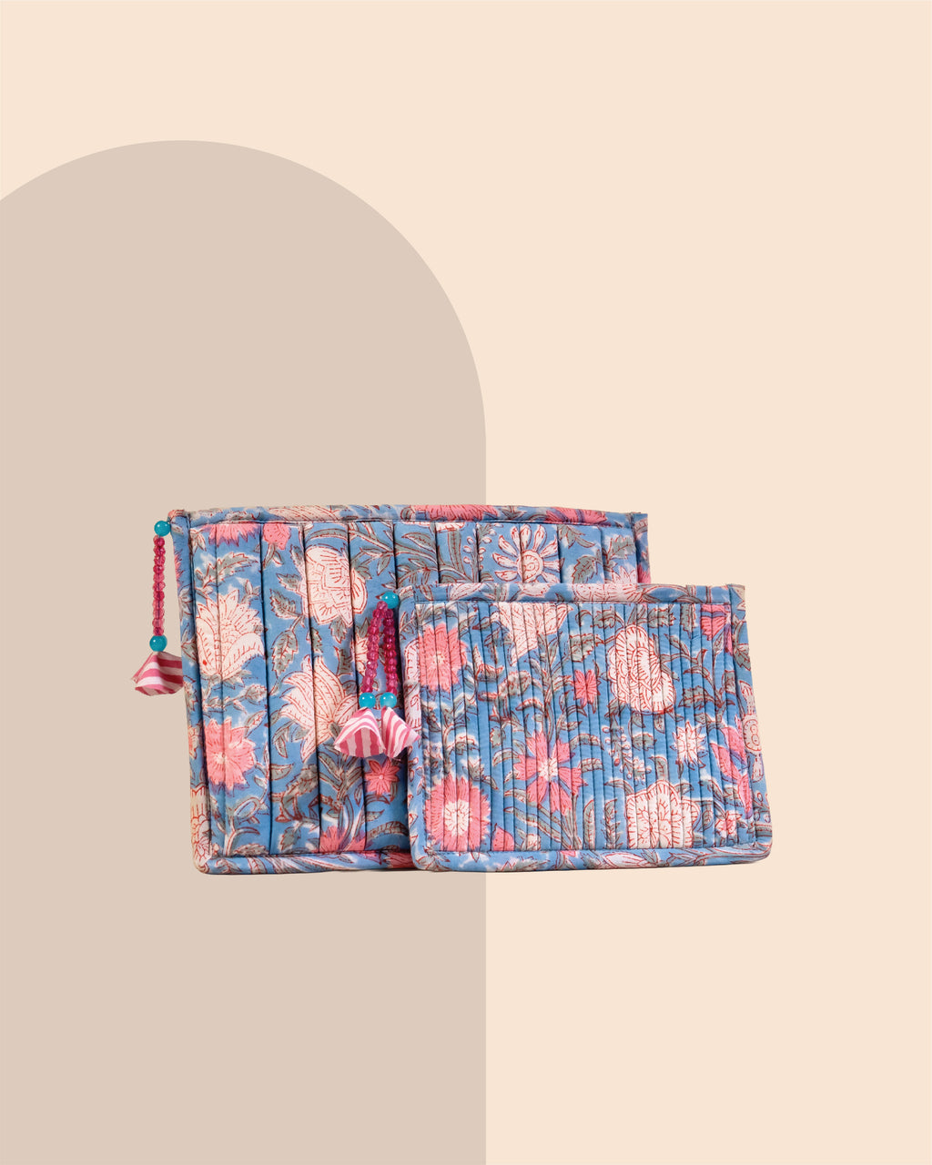 Powder Blue - Handblock Printed Quilted Pouch Trio