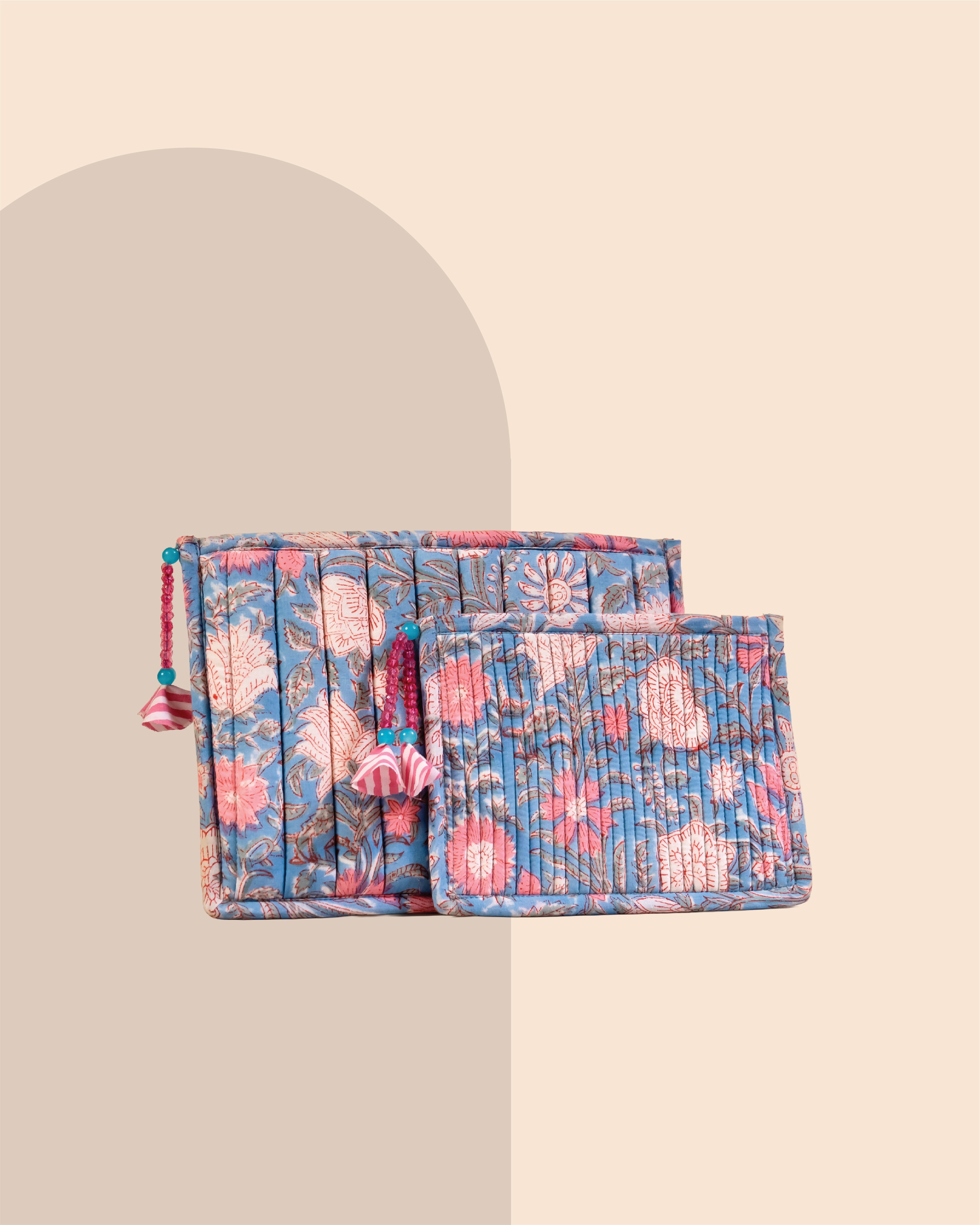 Powder Blue - Handblock Printed Quilted Pouch Trio