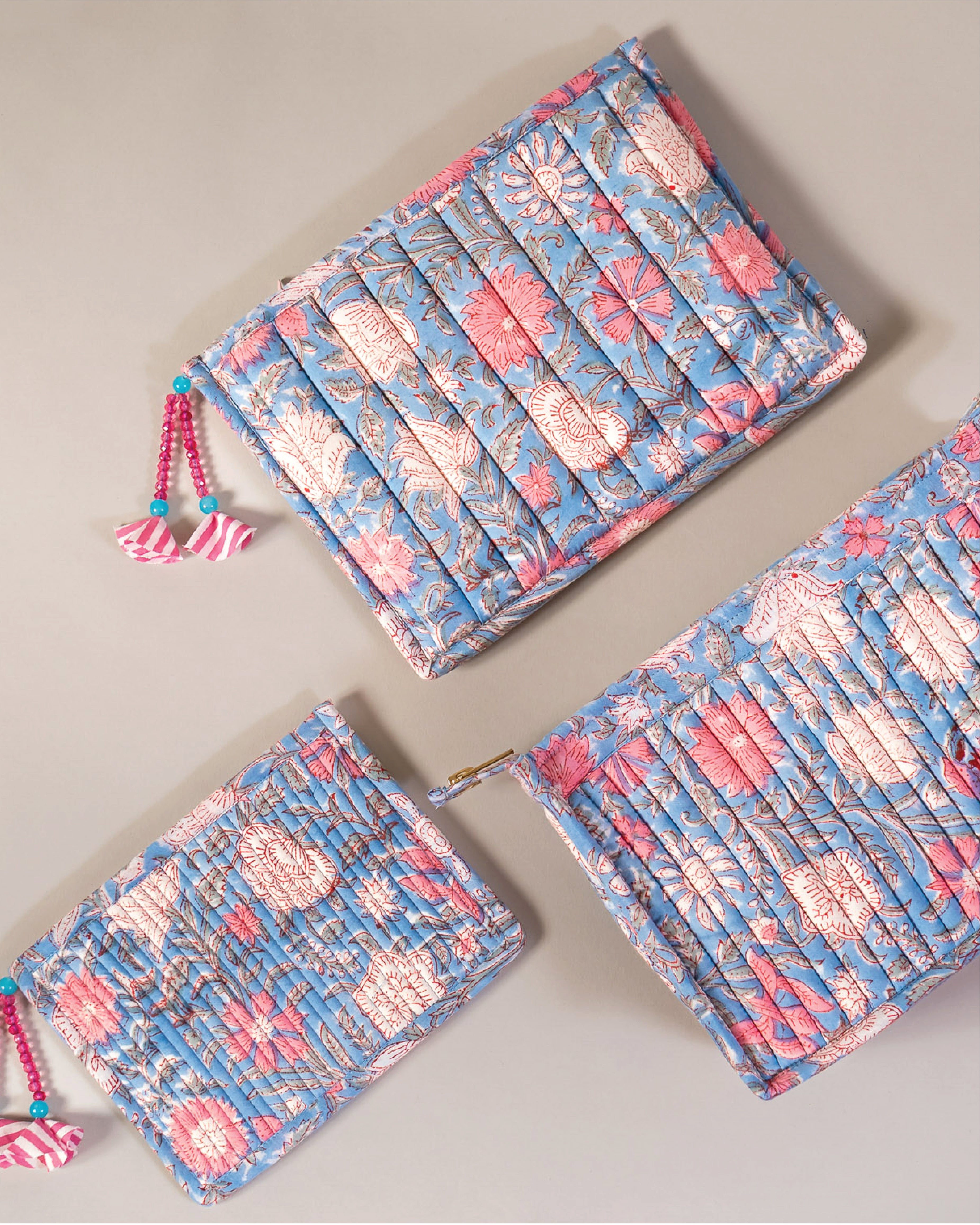 Powder Blue - Handblock Printed Quilted Pouch Trio