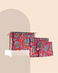 Ruby Garden - Handblock Printed Quilted Pouch Trio