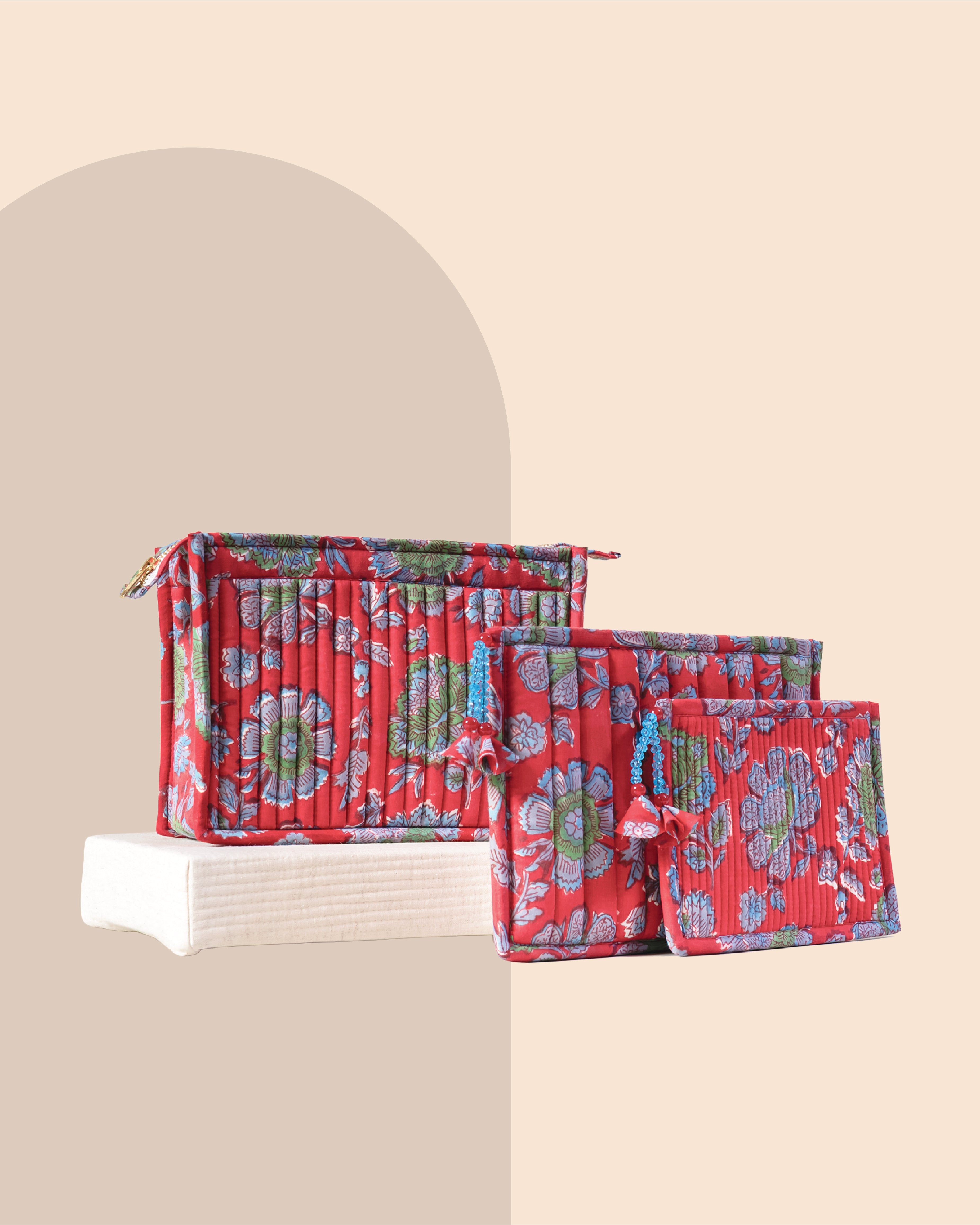 Ruby Garden - Handblock Printed Quilted Pouch Trio