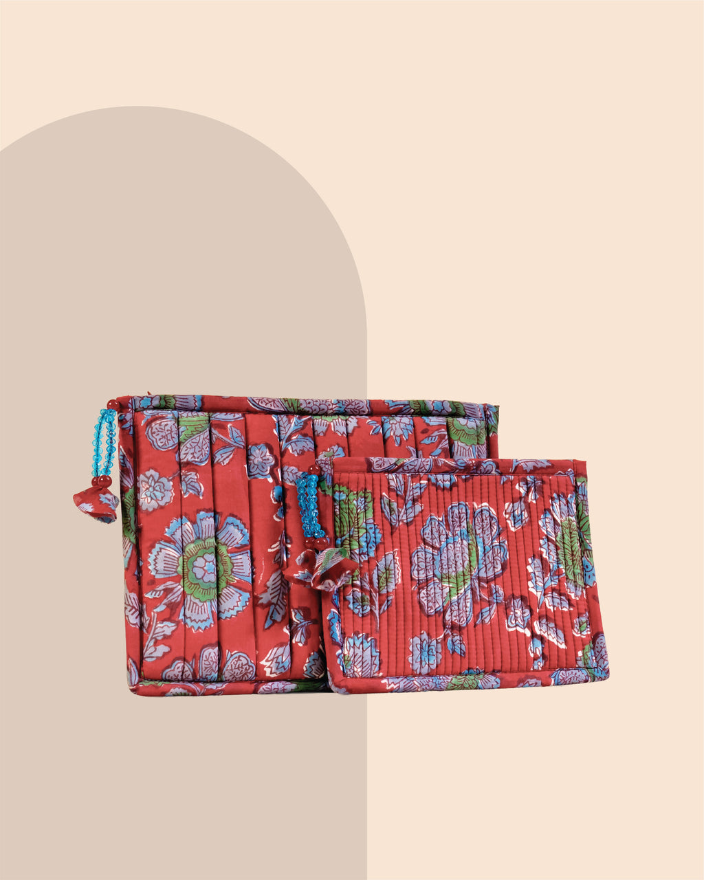 Ruby Garden - Handblock Printed Quilted Pouch Trio