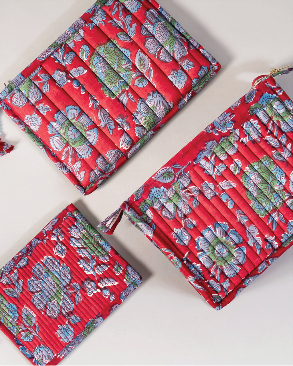 Ruby Garden - Handblock Printed Quilted Pouch Trio