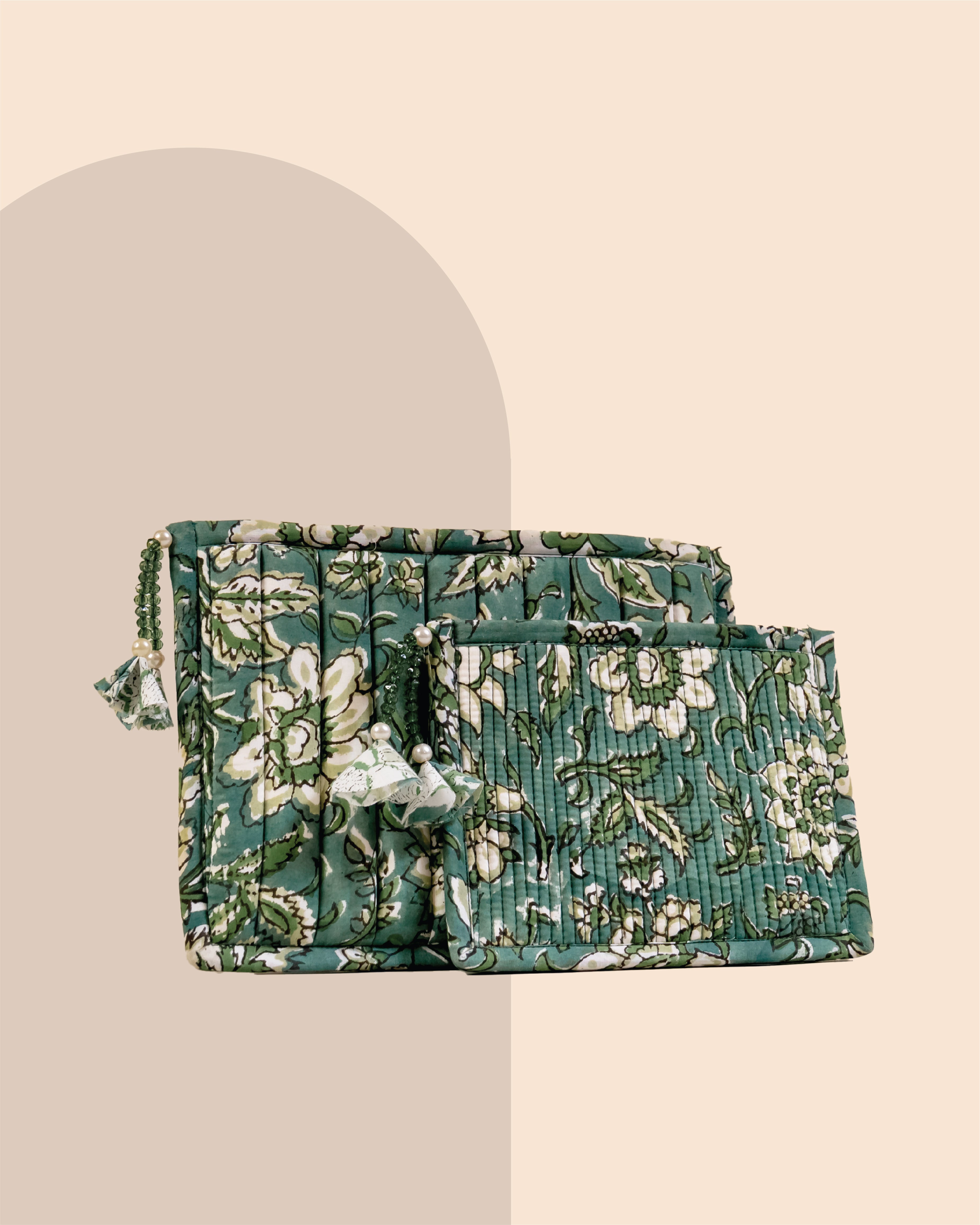 Sage Garden - Handblock Printed Quilted Pouch Trio