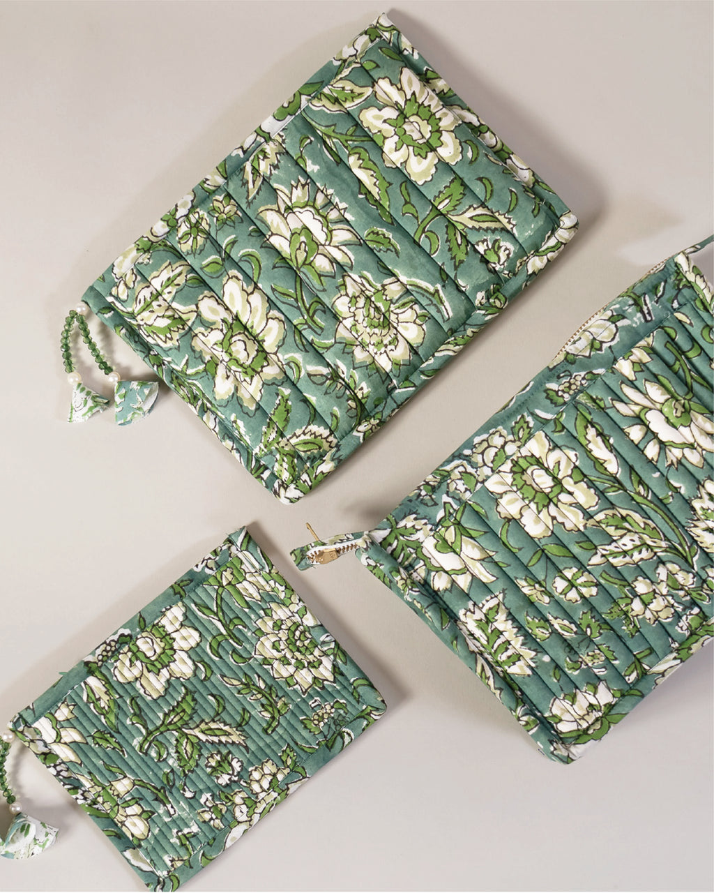 Sage Garden - Handblock Printed Quilted Pouch Trio