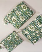 Sage Garden - Handblock Printed Quilted Pouch Trio