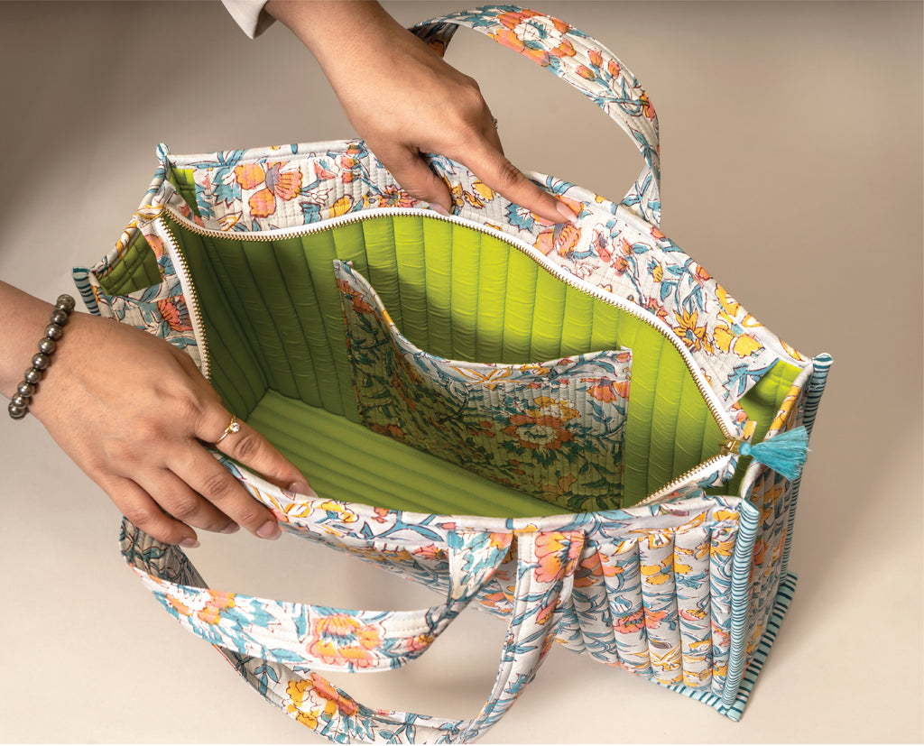 Sunday in Sicily - Handblock Printed Quilted Tote Bag
