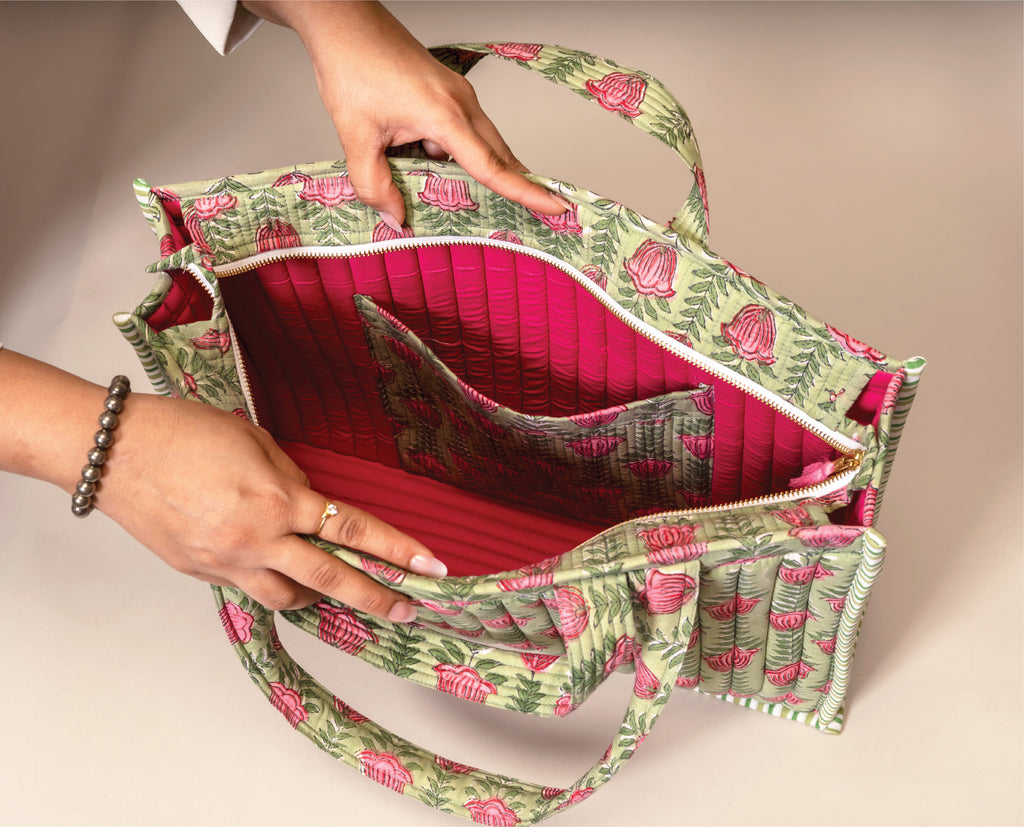 Tulip Therapy- Handblock Printed Quilted Tote Bag