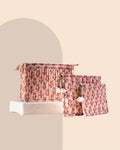 Vintage Peach - Handblock Printed Quilted Pouch Trio