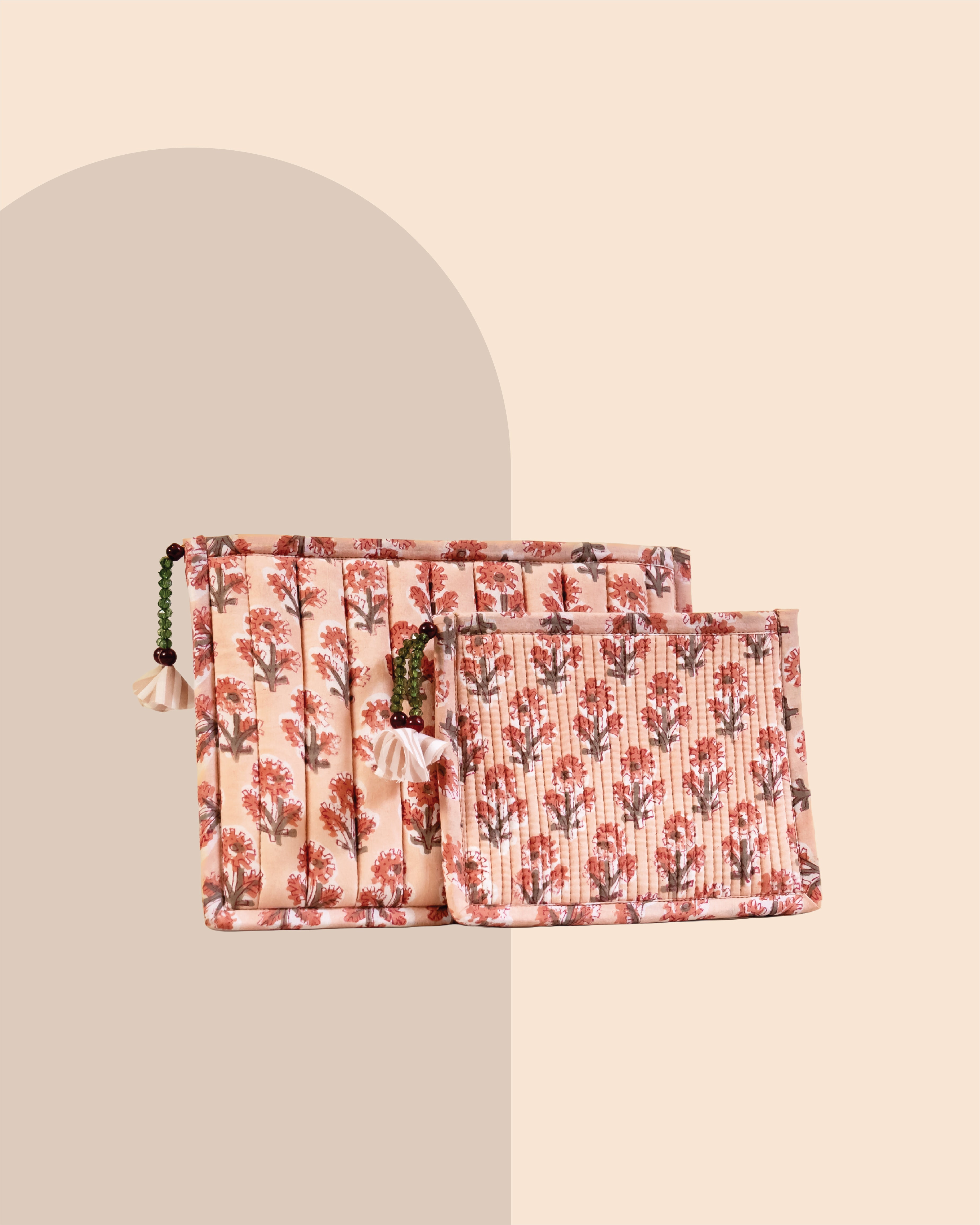 Vintage Peach - Handblock Printed Quilted Pouch Trio
