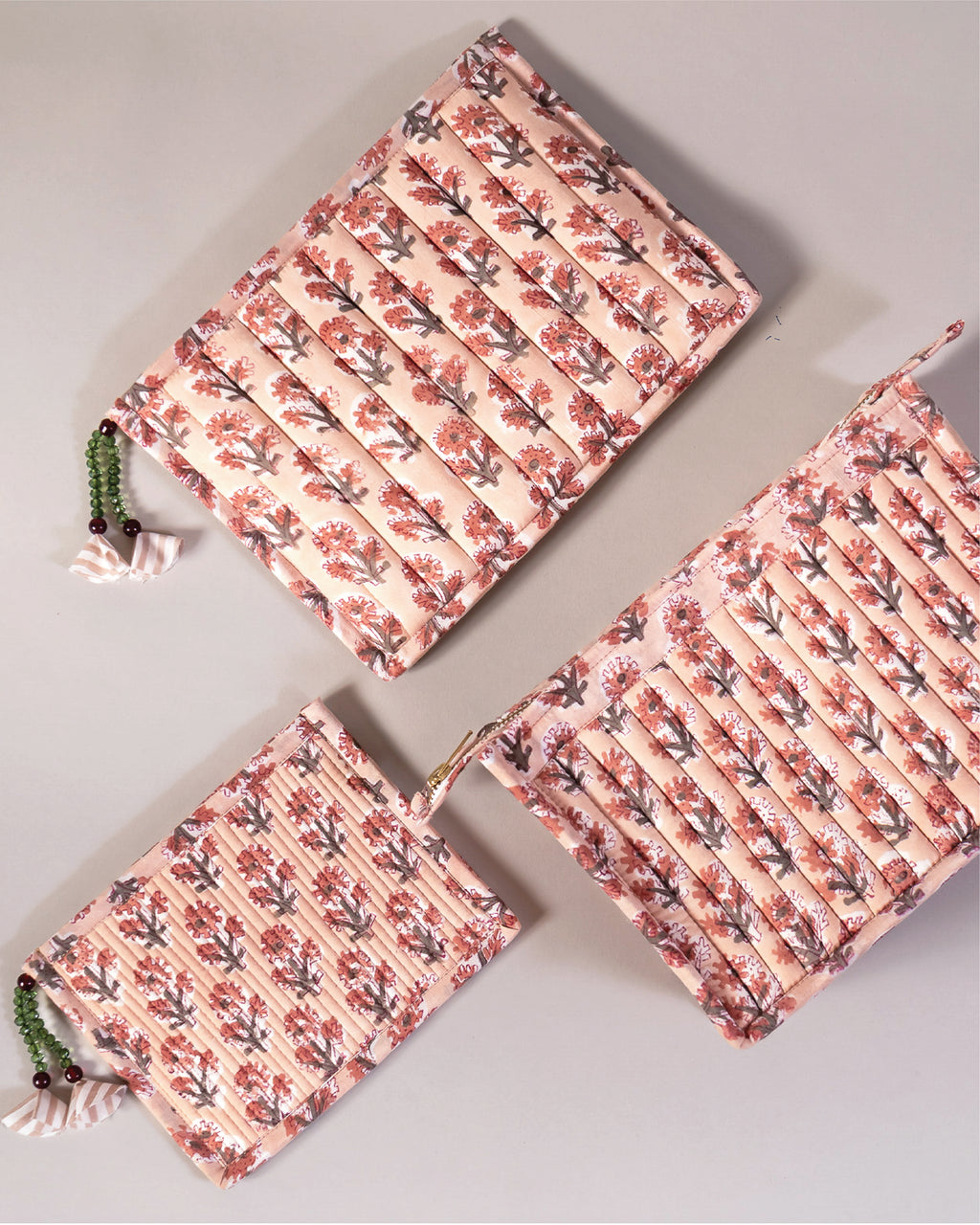 Vintage Peach - Handblock Printed Quilted Pouch Trio