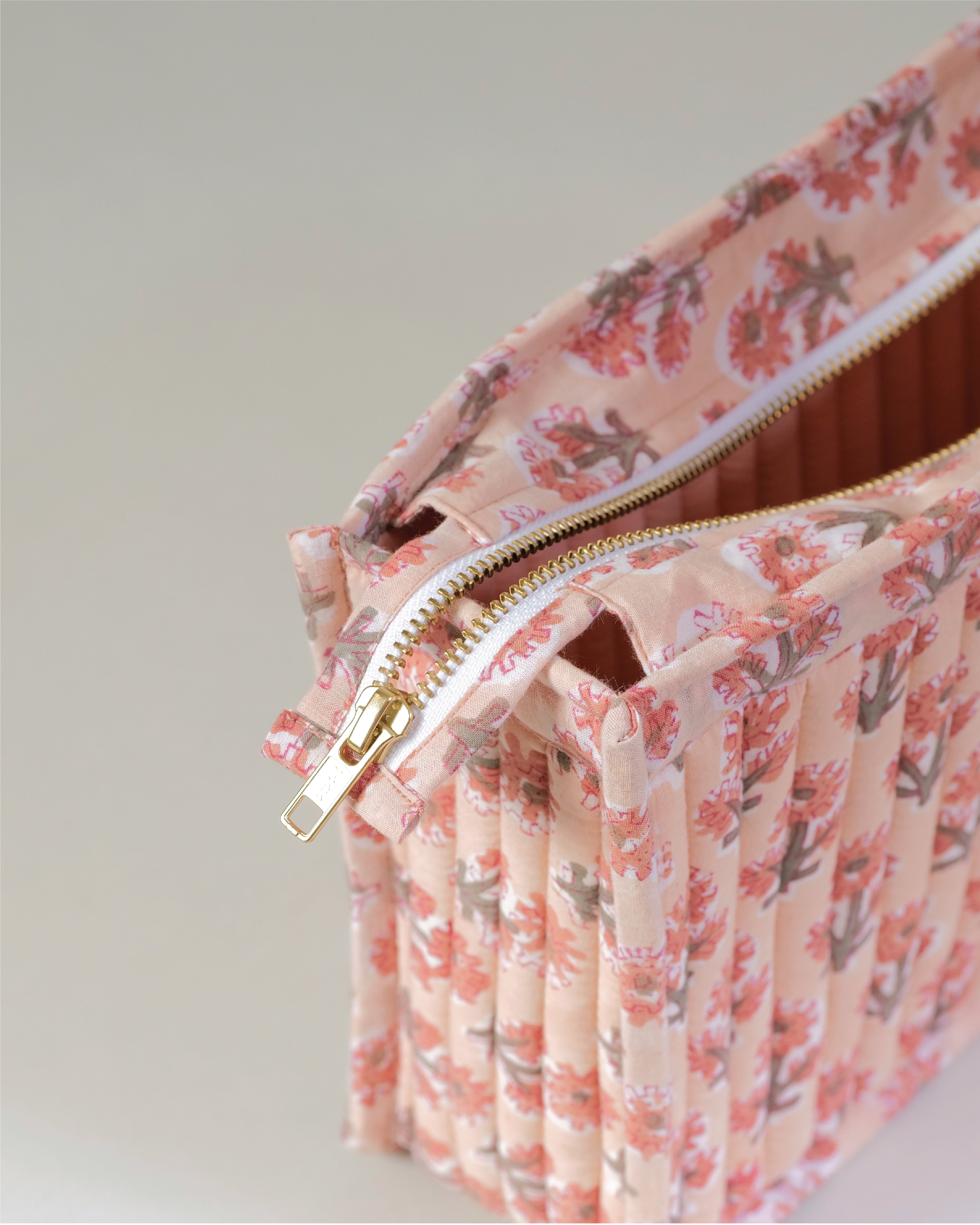 Vintage Peach - Handblock Printed Quilted Pouch Trio