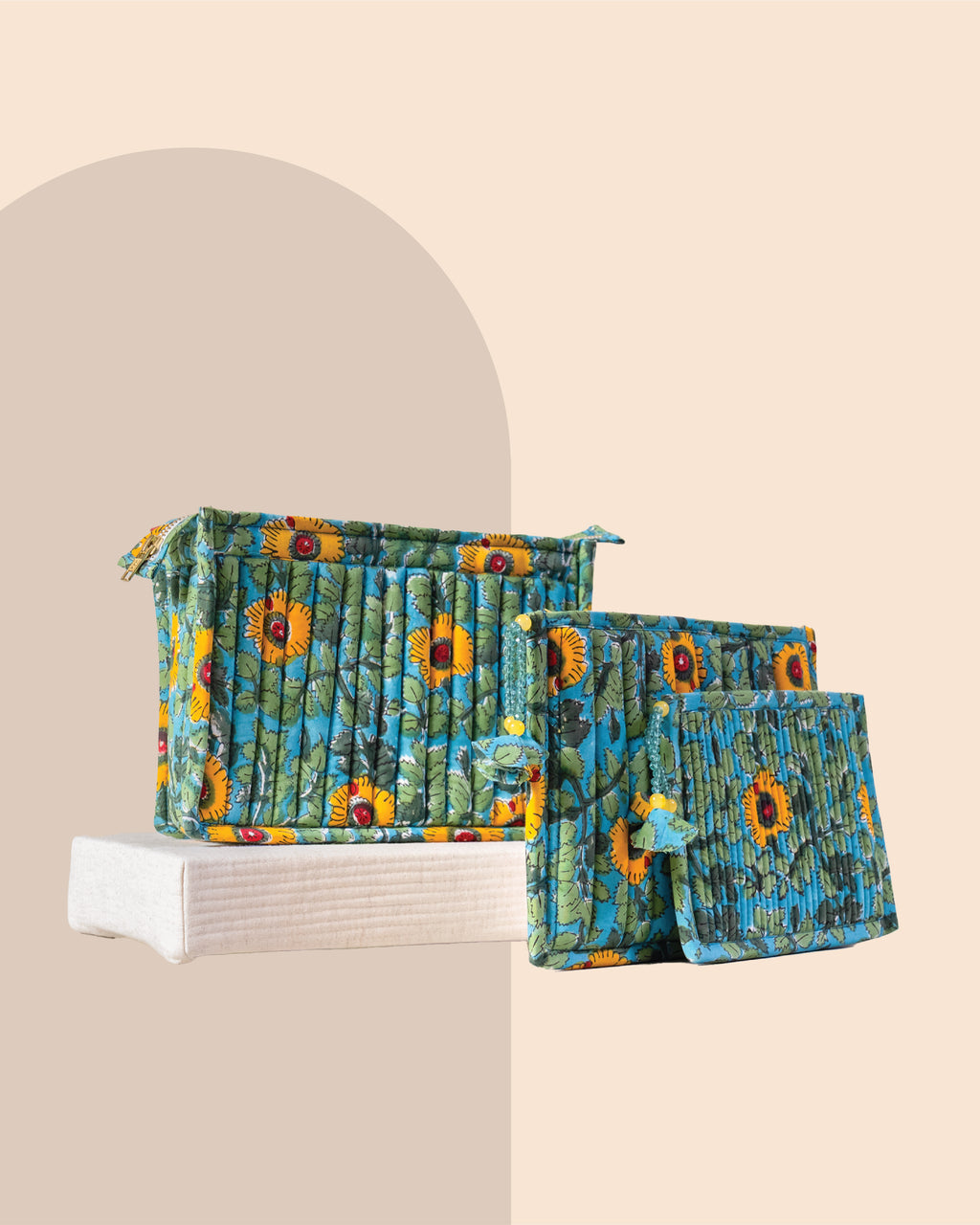 Yellow Poppy - Handblock Printed Quilted Pouch Trio