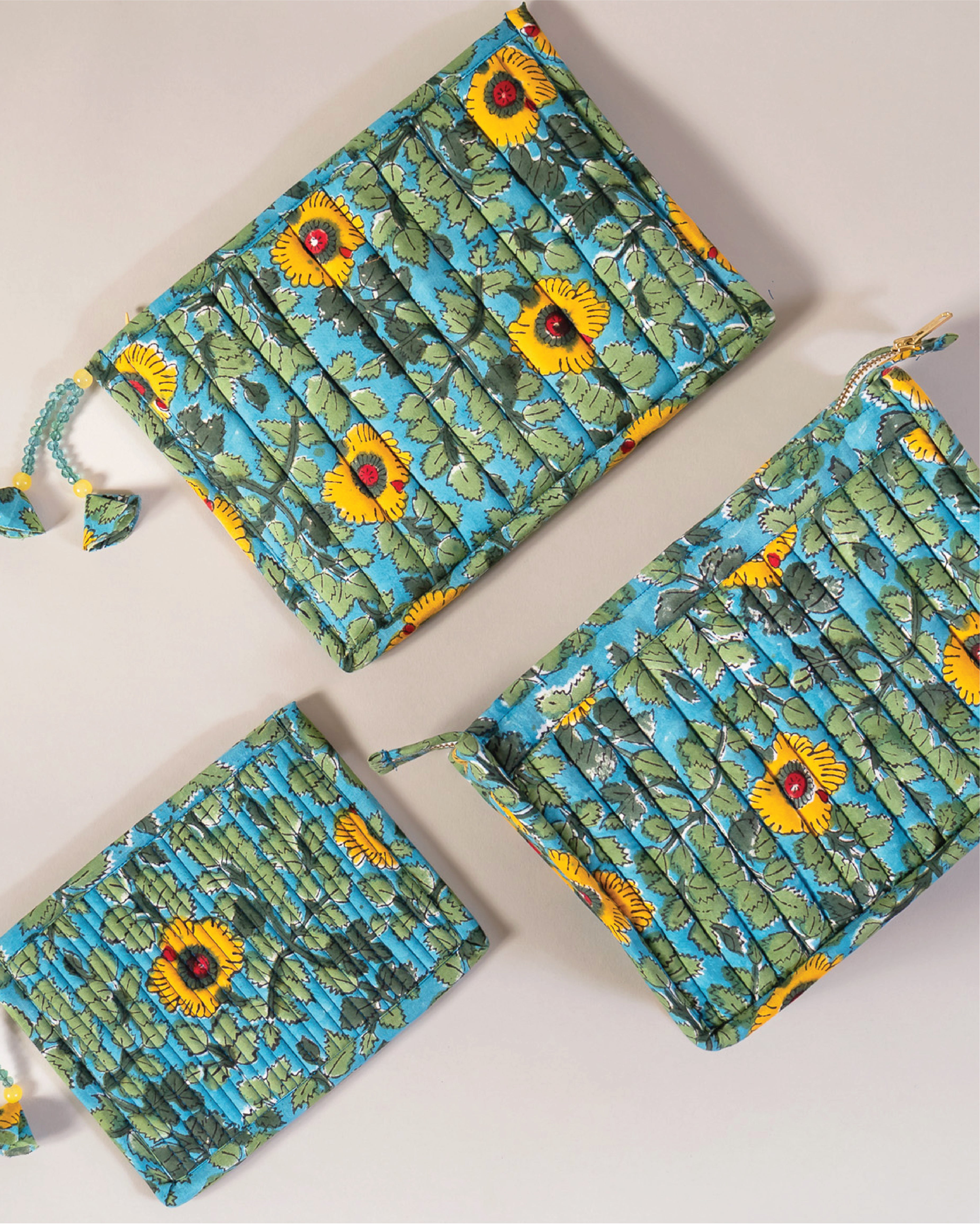 Yellow Poppy - Handblock Printed Quilted Pouch Trio